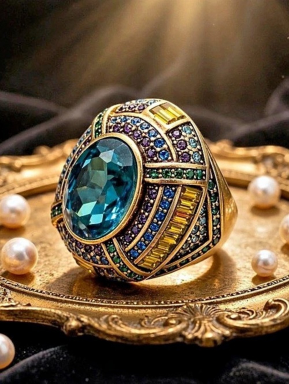 Heidi Daus Teal Bombe Crystal Ring Sz 8.5-9 Gold Multicolor Dome Statement